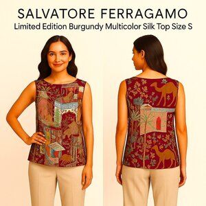 Salvatore Ferragamo Limited Edition Burgundy Multicolor Silk Top Size S